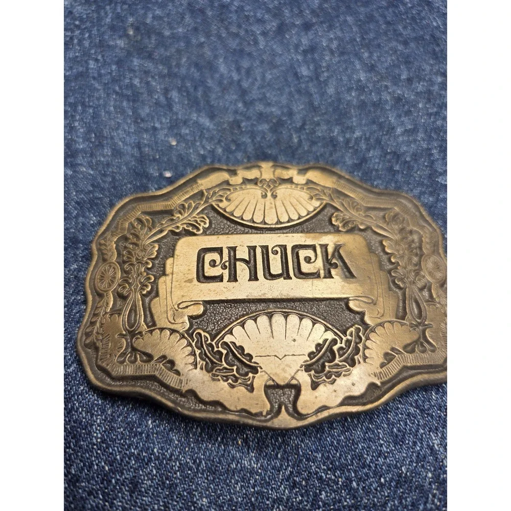 Vintage Solid Brass Chuck Belt Buckle by Oden Inc - Western